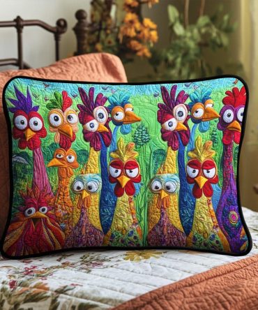 Rooster Riot Quilted Pillow Cover — Vibrant Farmhouse Rooster Design, Textured Decorative Throw Pillowcase For Country Kitchens & Cozy Nooks