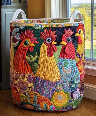 Rooster Parade Quilted Hamper — Rustic Farmhouse Foldable Laundry Basket With Handles For Country Kitchens, Mudrooms & Charming Storage