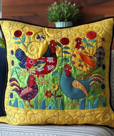 Rooster-Print Quilted Pillow Cover For Farmhouse Style - Decorative Rooster Pillowcase, Plush Quilting, Easy-Care Cotton Blend