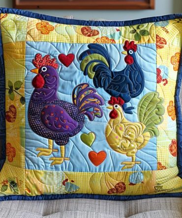 Rooster Reverie Quilted Pillow Cover — Farmhouse Rooster Throw Cushion, Rustic Country Decor, Soft Quilted Finish