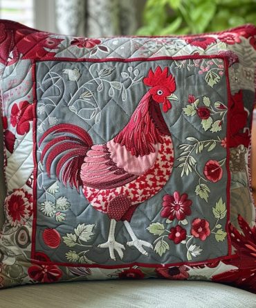 Rooster'S Rest Quilted Pillow Cover — Bold Farmhouse Rooster Accent Pillowcase, Textured Cotton-Blend, Eye-Catching Decorative Throw For Living Rooms