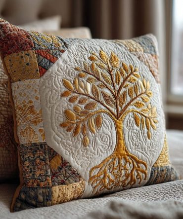 Rooted Wisdom Quilted Throw Pillow Cover — Elegant Tree Of Life Decorative Pillow Case For Study, Living Room & Gift Giving
