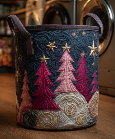 Rose Christmas Tree Quilted Holiday Laundry Hamper – Festive Quilted Fabric Laundry Basket With Handles, Foldable Seasonal Storage