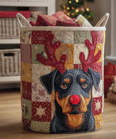 Rottie Reindeer Joy Quilted Laundry Hamper — Festive Rottweiler Holiday Storage Basket, Collapsible & Durable For Gifts