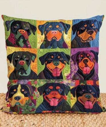 Rottweiler Blossom Quilted Decorative Pillow Cover — Bold Floral Dog-Themed Throw Pillow Case For Living Room, Pet Lover Gift Ready