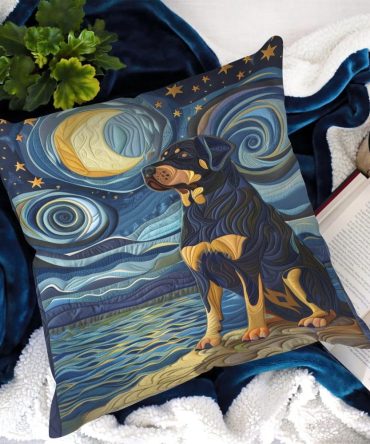 Rottweiler Night Dream Quilted Pillow Cover — Dark Elegant Dog-Themed Throw Cushion Case For Sofa & Bedroom, Premium Stitching
