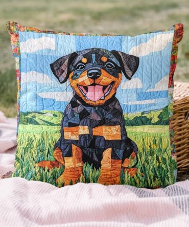 Rottweiler In The Garden Quilted Pillow Cover — Charming Pet Portrait Throw Cushion For Porch, Living Room & Bedroom Décor