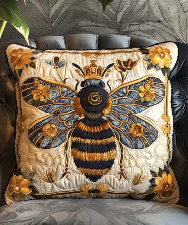 Royal Bee Regal Quilted Throw Pillow Cover — Crowned Bee Emblem, Rich Textured Fabric, 18X18In Opulent Home Accent