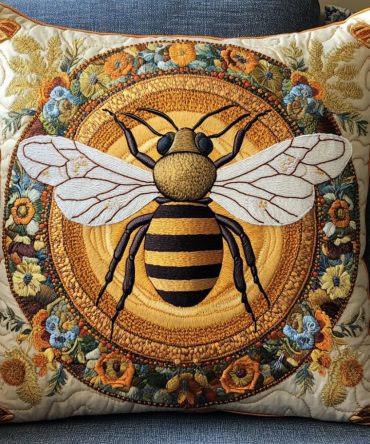 Royal Buzz Quilted Pillow Cover - Majestic Bee & Floral Pillowcase For Luxe Farmhouse, Living Room & Bedroom Accent
