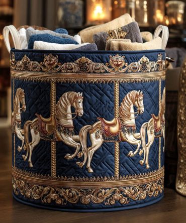 Royal Carousel Quilted Laundry Hamper — Vintage Carousel Print, Sturdy Collapsible Fabric Basket For Stylish Home Storage