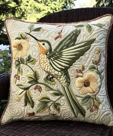 Royal Hummingbird Quilted Pillow Cover — Elegant Hummingbird Floral Sham, Luxe Garden-Inspired Decorative Cushion For Home