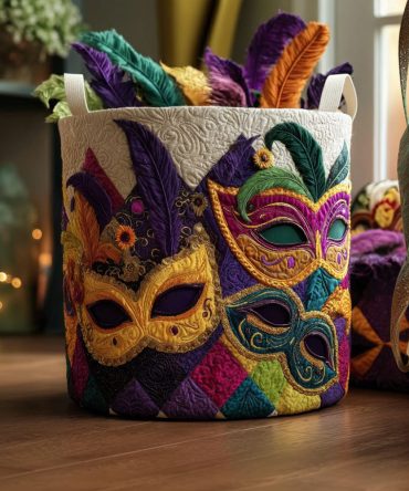 Royal Masquerade Quilted Laundry Hamper — Elegant Masquerade Pattern Collapsible Laundry Basket, Luxury Decorative Storage For Bedroom & Dressing Room