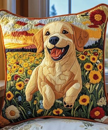 Running Labrador & Sunflower Quilted Pillow Cover — Energetic Dog Scene With Sunflower Accents On Soft Cotton Throw Case For Bright Décor