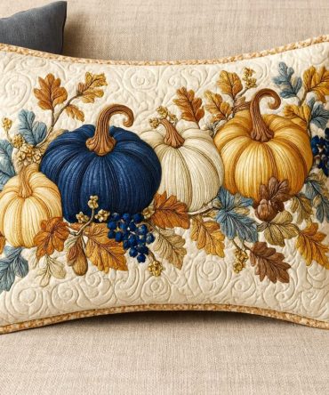 Rustic Blue Harvest Quilted Pillowcase — Farmhouse Blue Floral & Harvest Motif, Soft Quilted Accent For Cozy Bedrooms