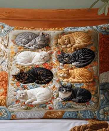 Rustic Cat Garden Quilted Pillow Cover — Whimsical Cat Motif, Textured Decorative Throw Pillowcase For Cottage & Garden-Inspired Interiors