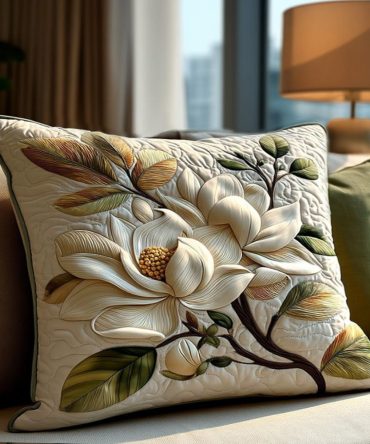 Rustic Magnolia Bloom Quilted Pillowcase — Textured Magnolia Prints, Vintage Farmhouse Accent For Elegant Cottage & Country Bedrooms