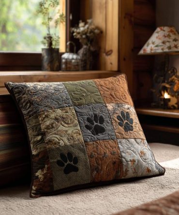 Rustic Paws Quilted Pillow Cover — Charming Pet Paw Print Throw Pillowcase, Cozy Country Accent For Animal Lovers & Family Rooms