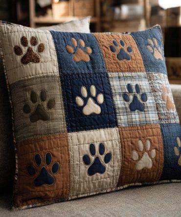Rustic Paws Quilted Throw Pillow Cover — Country-Inspired Stitched Square Pillowcase With Playful Paw Print Design For Cozy Cabins And Homes