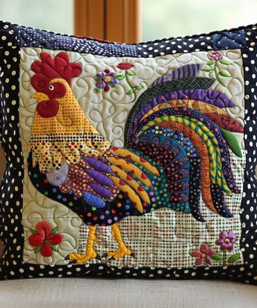 Rustic Rooster Quilted Pillow Cover — Vintage Farmhouse Rooster Throw Pillowcase With Distressed Charm, Soft & Easy-Care Fabric
