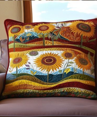 Rustic Sunflower Quilted Pillowcase — Warm Farmhouse Decorative Sham, Textured Cotton-Blend Pillow Cover For Cozy Bedrooms