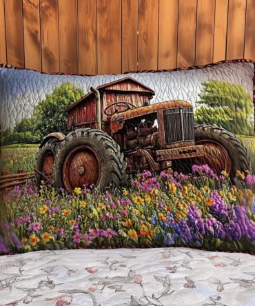 Vintage Farmwork Quilted Pillow Cover — Rustic Tractor Decorative Throw Pillowcase, Country Chic Accent For Farmhouse Living Rooms & Bedrooms