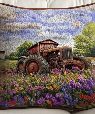 Farmhouse Rustic Tractor Quilted Pillow Cover — Decorative Cotton Blend Pillowcase With Embroidered Tractor Motif