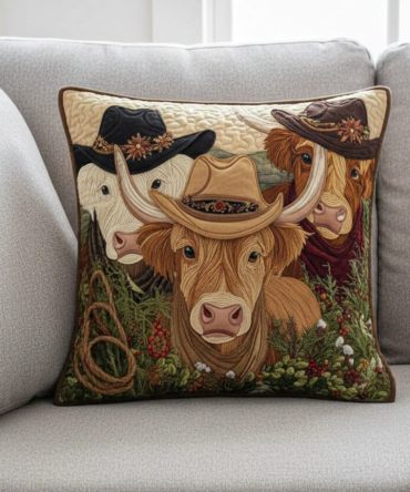 Rustic Trail Cow Quilted Pillow Cover - Country Cow Print Throw Pillowcase For Farmhouse, Western Cabin & Rustic Living