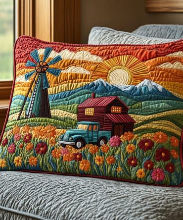 Rustic Windmill Beauty Quilted Pillow Cover — Charming Cotton Decorative Sham With Heritage Motif, Breathable & Machine-Washable