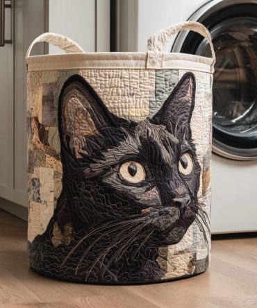 Rustic Black Cat Quilted Laundry Hamper — Chic Dark Cat Print Fabric Basket With Handles, Foldable Laundry Organizer For Home