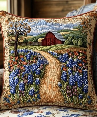 Rustic Bluebonnet Quilted Pillow Cover – Country-Chic Decorative Throw Pillowcase With Vintage Floral Flair, Soft & Durable