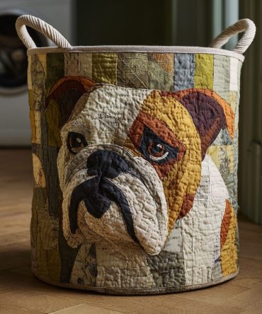 Rustic Bulldog Quilted Laundry Hamper — Vintage Bulldog Print Collapsible Fabric Basket With Handles, Sturdy Country-Style Storage