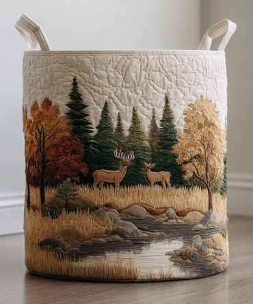 Rustic Deer Quilted Laundry Basket - Country-Style Fabric Hamper, Foldable Deer Print Storage For Home, Cabin, And Nursery