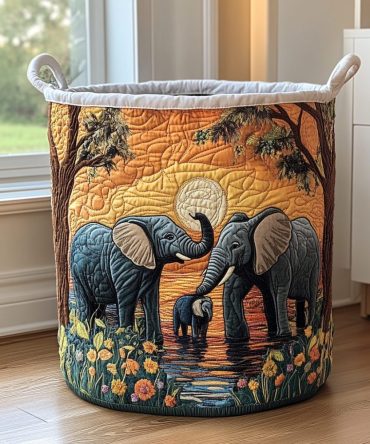 Rustic Elephant Quilted Laundry Hamper — Foldable Decorative Elephant Print Laundry Basket, Durable Large-Capacity Home Organizer