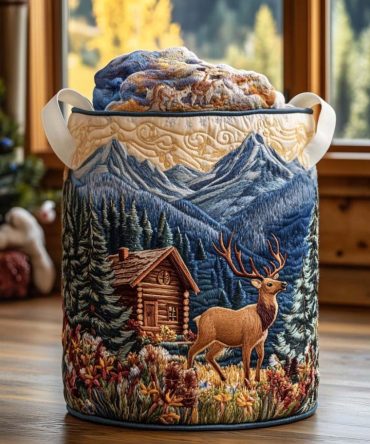 Country Quilted Laundry Hamper With Elk Silhouette Design — Heavy-Duty Collapsible Laundry Basket For Rustic Home & Cabin Storage