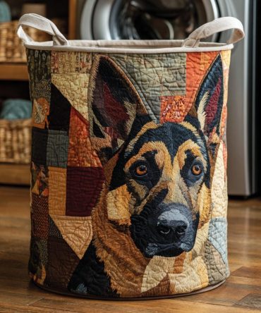 Rustic German Shepherd Quilted Laundry Hamper - Dog Lover Foldable Laundry Basket With Quilted Fabric & Sturdy Handles