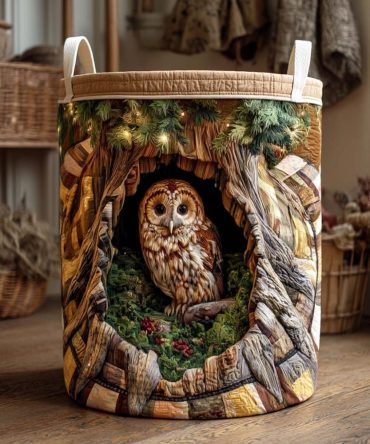 Rustic Hollow Owl Quilted Hamper — Earthy Foldable Laundry Basket, Large Fabric Storage Bin With Handles & Easy-Care Liner