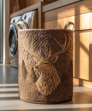 Decorative Quilted Laundry Hamper With Stag Deer Motif — Large Rustic Lodge Fabric Basket, Collapsible & Durable Storage