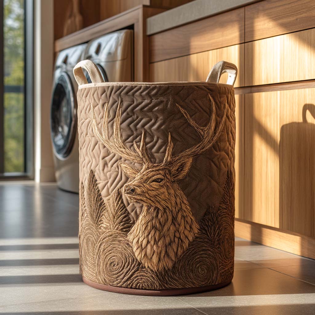Decorative Quilted Laundry Hamper With Stag Deer Motif — Large Rustic Lodge Fabric Basket, Collapsible & Durable Storage