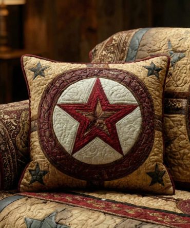 Handcrafted Lone Star Quilted Pillow Cover — Western Rustic Throw Pillow Accent, Durable Cozy Home Decor, Easy Care