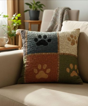 Rustic Paw Charm Quilted Pillow Cover - Adorable Pet Paw Holiday Throw Pillowcase, Country Cabin Decor For Dog & Cat Lovers