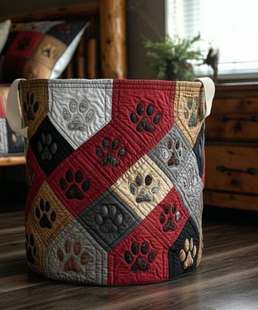 Rustic Paw Homestead Quilted Laundry Hamper — Country Paw Print Design, Foldable Fabric Basket With Reinforced Handles & Liner