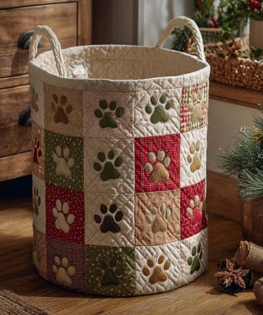 Rustic Paws Patchwork Quilted Laundry Hamper — Large Foldable Fabric Storage Basket With Handles, Cozy Patchwork Design For Home & Cabin