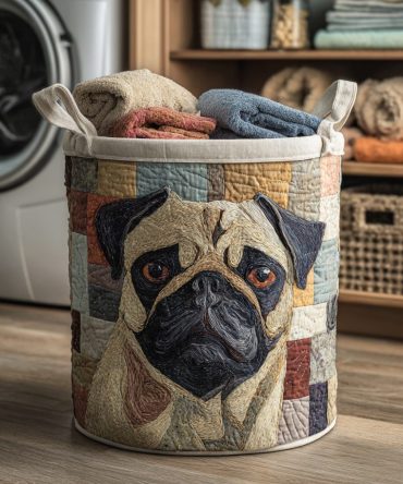 Rustic Pug Quilted Laundry Basket — Rustic Dog-Themed Quilted Fabric Hamper With Reinforced Base, Portable Handles, Collapsible Home Organizer
