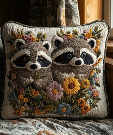 Handcrafted Quilted Pillow Cover With Rustic Raccoon Motif — Cozy Decorative Throw Pillowcase For Farmhouse & Cabin Décor