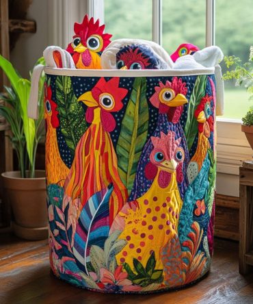Rustic Roosters Quilted Laundry Hamper - Farmhouse Collapsible Fabric Basket With Strong Handles & Lined Interior For Stylish Storage