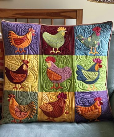 Rustic Roosters Quilted Pillow Cover - Farmhouse Accent Pillowcase, Durable Cotton Blend, Textured Quilting For Cozy Rooms