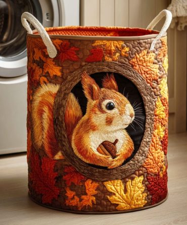 Rustic Squirrel Quilted Laundry Hamper – Decorative Foldable Fabric Laundry Basket With Handles For Bedroom & Nursery