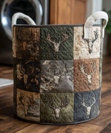 Rustic Stag Quilted Laundry Hamper — Rustic Deer Quilted Fabric Basket, Collapsible Laundry Organizer With Reinforced Handles For Home