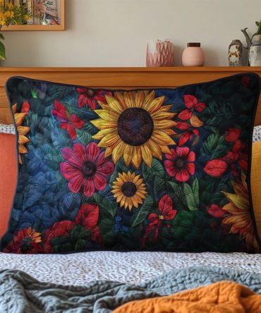 Rustic Sunflower Quilted Pillow Sham — Country Floral Decorative Pillowcase, Cotton-Blend, Hypoallergenic & Machine Washable For Cheerful Home Accents