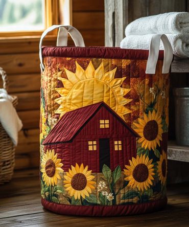 Rustic Sunflower Quilted Laundry Hamper – Large Collapsible Basket With Reinforced Handles, Country-Chic Storage For Bedroom & Closet